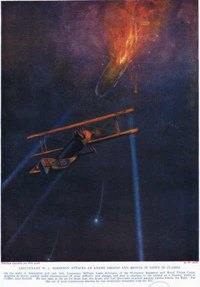 Lieutenant W.L. Robinson attacks an enemy airship and brings it down, illustration from 